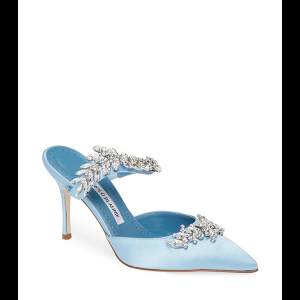 Manolo Blahnik Lurum Light Blue Satin Heels with Crystal Accents